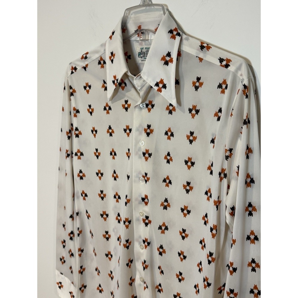 Vintage 70s‎ Kmart Sport Shirt Men's MED White Geometric Rockabilly Dagger Poly